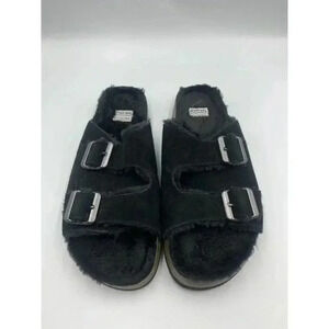 Earth Origins FauxFur Double Strap Buckle Slide Sandal Chill Cali Black Size 10 